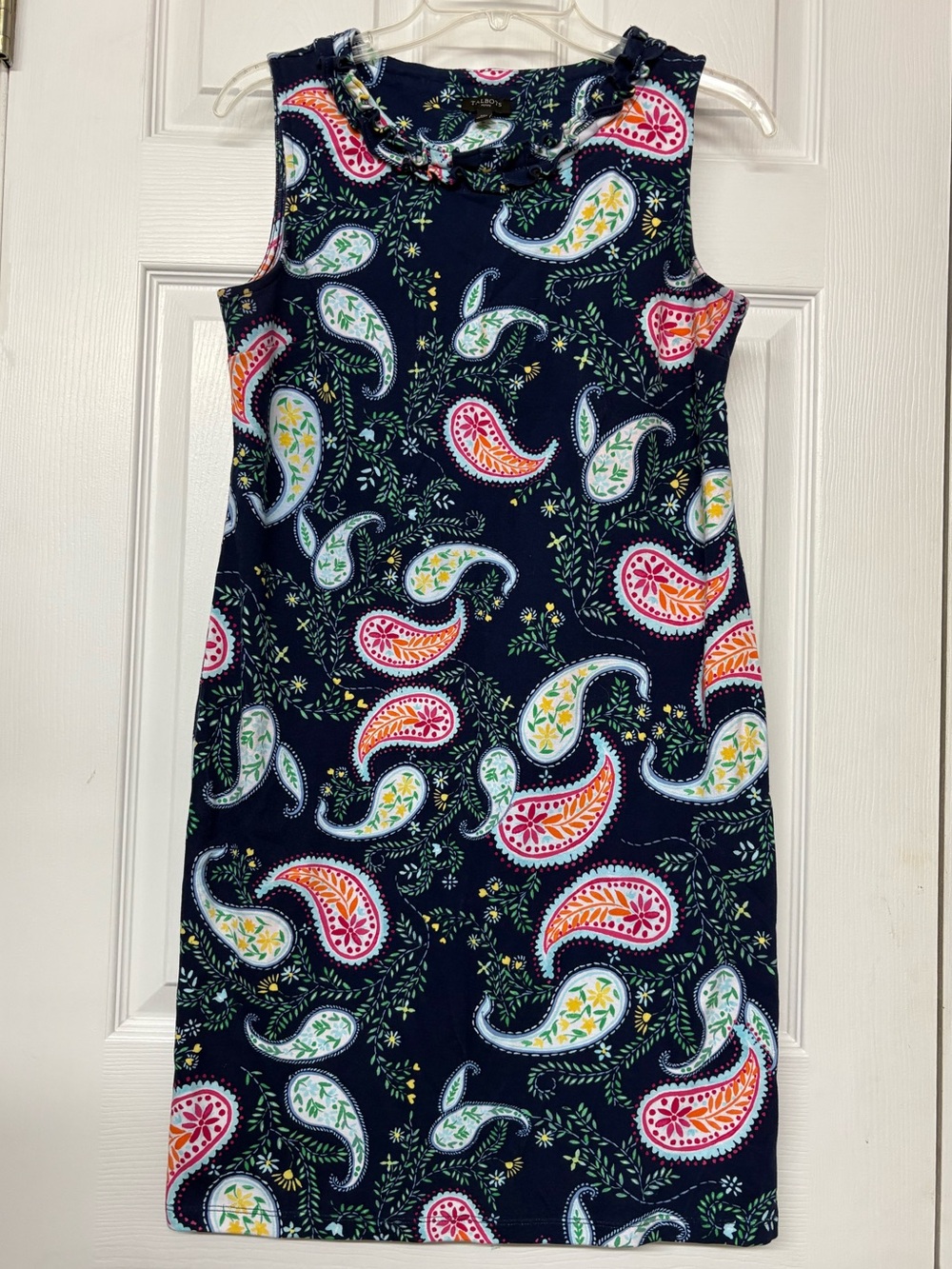 Talbots Navy Blue Paisley Print Cotton Dress Ruffle Neckline Sz MP